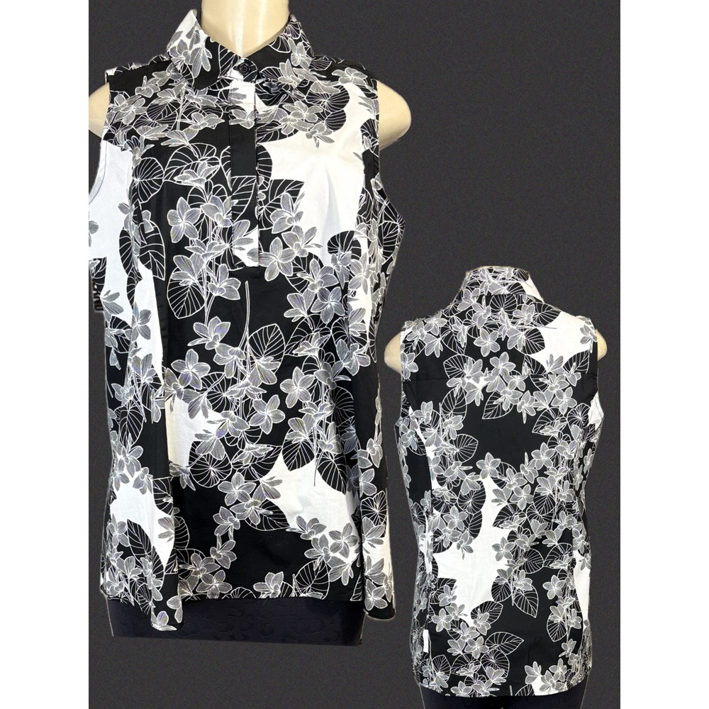 Jessica London 12W Black White Floral Sleeveless Button Placket Collar Shirt